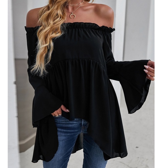 Solid Black Off Shoulder Flounce Sleeve High Low Blouse - Picture 1 of 6